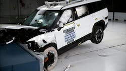 The 2025 Hyundai Sante Fe during the IIHS updated modern overlap crash test. The 2025 Hyundai Sante Fe during the IIHS updated modern overlap crash test.