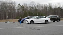 A 2025 Toyota Camry prepares to run the IIHS pedestrian front crash prevention test. A 2025 Toyota Camry prepares to run the IIHS pedestrian front crash prevention test.