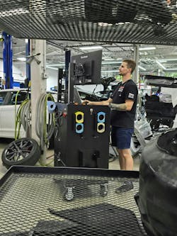 ENHANCED REPAIR PLANNING: An estimating cart with dual monitors, such as this Goliath ADAS Cart, is placed near parts carts and tables during repair planning. ENHANCED REPAIR PLANNING: An estimating cart with dual monitors, such as this Goliath ADAS Cart, is placed near parts carts and tables during repair planning.