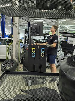 ENHANCED REPAIR PLANNING: An estimating cart with dual monitors, such as this Goliath ADAS Cart, is placed near parts carts and tables during repair planning. ENHANCED REPAIR PLANNING: An estimating cart with dual monitors, such as this Goliath ADAS Cart, is placed near parts carts and tables during repair planning.