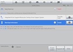 The left blind spot module had two current codes in memory, while the right-side blind spot module had no codes in memory. The left blind spot module had two current codes in memory, while the right-side blind spot module had no codes in memory.