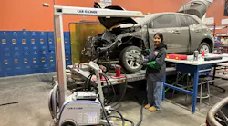 CTEC Student Azul works with a Car-O-Liner CTR 7 Spot Welder, donated by Mackin's Auto Body.
