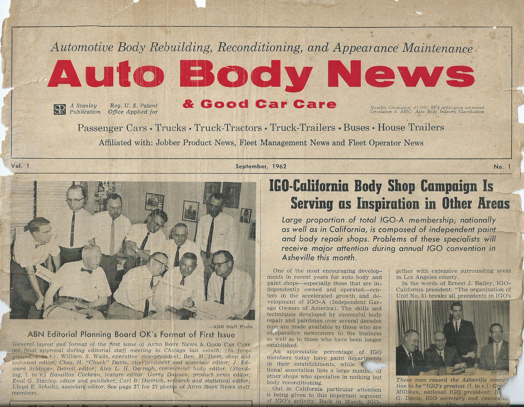 Auto Body News & Good Car Care magazine was the first nationally distributed collision industry magazine. Here is Volume 1, Number 1. This would later be named Auto Body Repair News, which was renamed Auto Body Repair Network, our own ABRN.