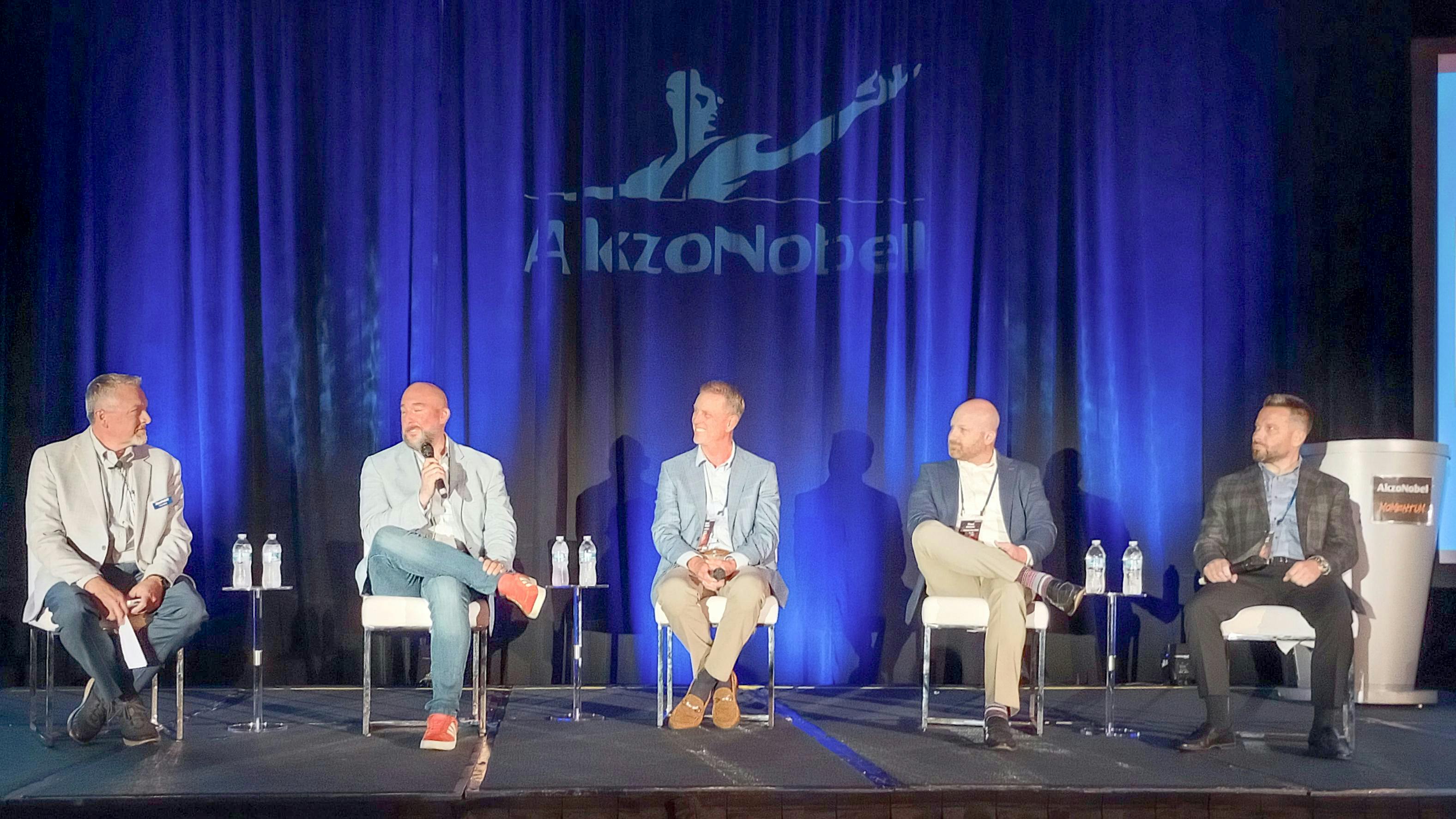 FAB FIVE: From left, AkzoNobel's Tony Adams, AMAM, moderates a discussion on what panelists have learned as MSO operators, including TAG Auto Group Owner Andy Tylka, Collision Pros Owner Brian von Tress, Brightpoint Auto Body Repair CEO Paul Williams, and Diehl Automotive Group's Matthew Whittenberger.