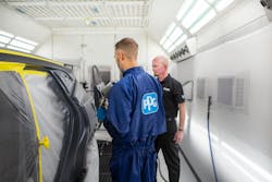 LIMITING WASTE: The paint shop now gets more than 100 hours out of a gallon of clearcoat, up from 80 hours, by processes that better control pours. LIMITING WASTE: The paint shop now gets more than 100 hours out of a gallon of clearcoat, up from 80 hours, by processes that better control pours.