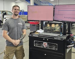 COMMAND CENTER: Anthony McNee uses the McStud Estimating Tool, on the left screen, to quickly calculate estimates and transfer the results into the estimating system. COMMAND CENTER: Anthony McNee uses the McStud Estimating Tool, on the left screen, to quickly calculate estimates and transfer the results into the estimating system.