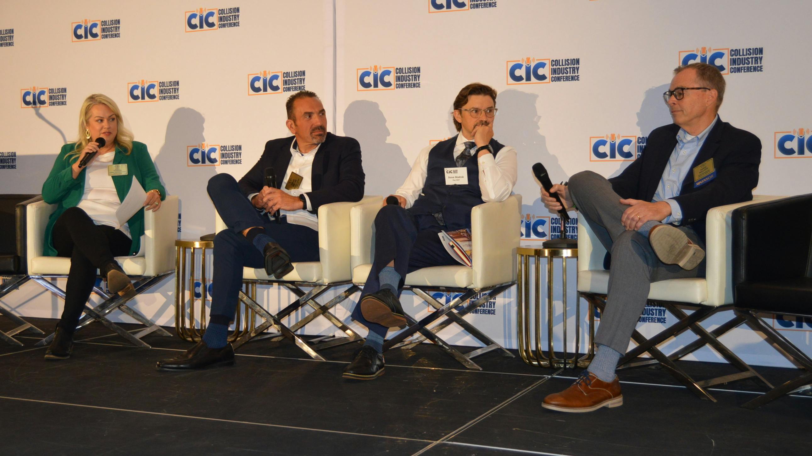 TOTAL LOSS POLICY: From left, Auto Body Association of Texas Executive Director Jill Tuggle moderates a panel including Max Keller, owner/manager of Conestoga Collision & Auto Body Repair, Berwyn, Penn.; Stephen Madrak, director of the Bureau of Motor Vehicles, Pennsylvania Department of Transportation, and David Willett, chief underwriting officer of Spark Underwriters.