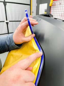 Perform the final precision masking with fine-line tape. If you have to make any especially sharp turns, you can anchor the fine line with another piece of 3/4' tape to keep it from moving when painting. Perform the final precision masking with fine-line tape. If you have to make any especially sharp turns, you can anchor the fine line with another piece of 3/4' tape to keep it from moving when painting.