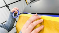 Perform the final precision masking with fine-line tape. If you have to make any especially sharp turns, you can anchor the fine line with another piece of 3/4' tape to keep it from moving when painting. Perform the final precision masking with fine-line tape. If you have to make any especially sharp turns, you can anchor the fine line with another piece of 3/4' tape to keep it from moving when painting.