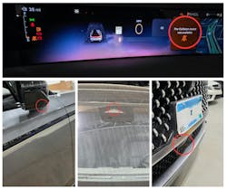 Figure 1: The dash is alerting to the presence of a pre-collision problem, while the 360 cameras, forward facing camera, and front radar don’t pose a significant challenge in identification. What may not jump out is the bend at the bottom of the license plate. Figure 1: The dash is alerting to the presence of a pre-collision problem, while the 360 cameras, forward facing camera, and front radar don’t pose a significant challenge in identification. What may not jump out is the bend at the bottom of the license plate.