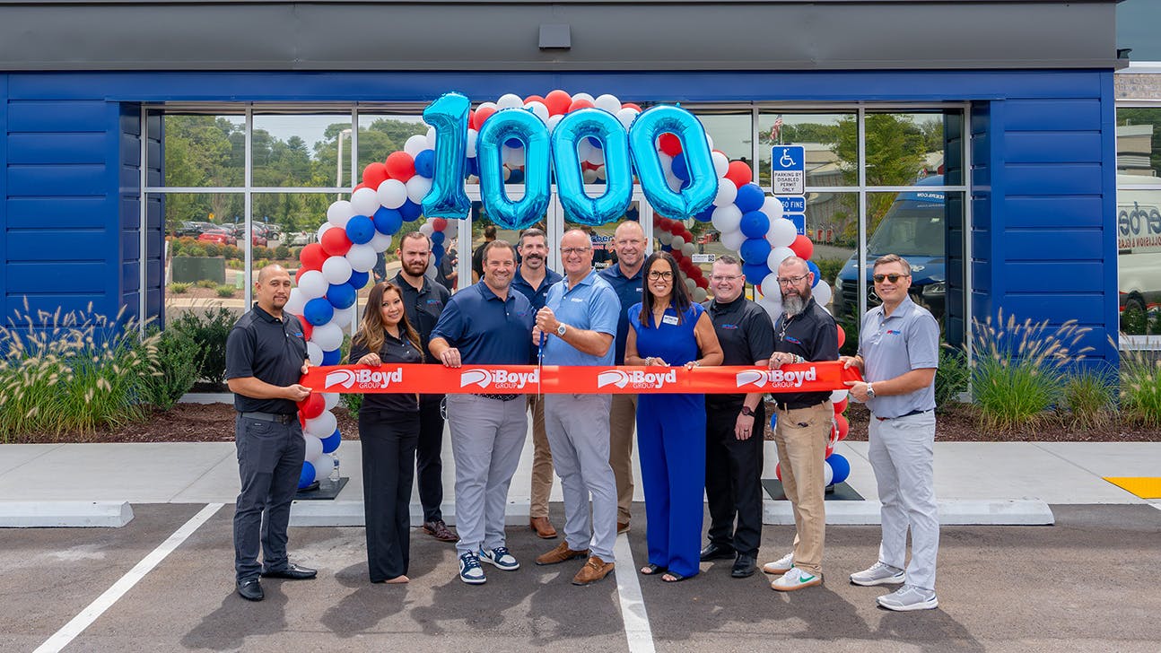 Members of Boyd Group Services Inc. celebrate 1,000 locations at Gerber Collision & Glass in Tennessee.