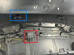 A closer inspection of the harness revealed that the connectors for both the hands-free liftgate module (outlined in red) and the right inner parking sensor (outlined in blue) were identical and could be easily accidentally swapped. A closer inspection of the harness revealed that the connectors for both the hands-free liftgate module (outlined in red) and the right inner parking sensor (outlined in blue) were identical and could be easily accidentally swapped.