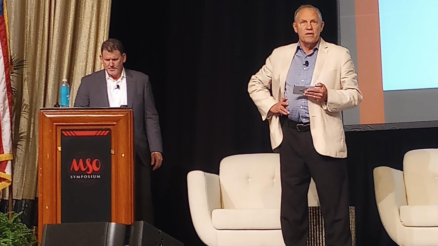 Dave Roberts, right, and John Walcher of Focus Advisors present the an MSO and Private Equity report during the MSO Symposium in Las Vegas on Nov. 3.