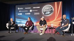 SAFETY FIRST Mike Anderson of CollisionAdvice.com, left, leads a panel discussion about steering gear and column safety inspections with Gerry Rosenbarker and Tyler Foote of Mohawk Collision Center and Andrew Batenhorst of Pacific BMW Collision Center at the OEM Collision Repair Technology Summit during the SEMA Show. SAFETY FIRST Mike Anderson of CollisionAdvice.com, left, leads a panel discussion about steering gear and column safety inspections with Gerry Rosenbarker and Tyler Foote of Mohawk Collision Center and Andrew Batenhorst of Pacific BMW Collision Center at the OEM Collision Repair Technology Summit during the SEMA Show.