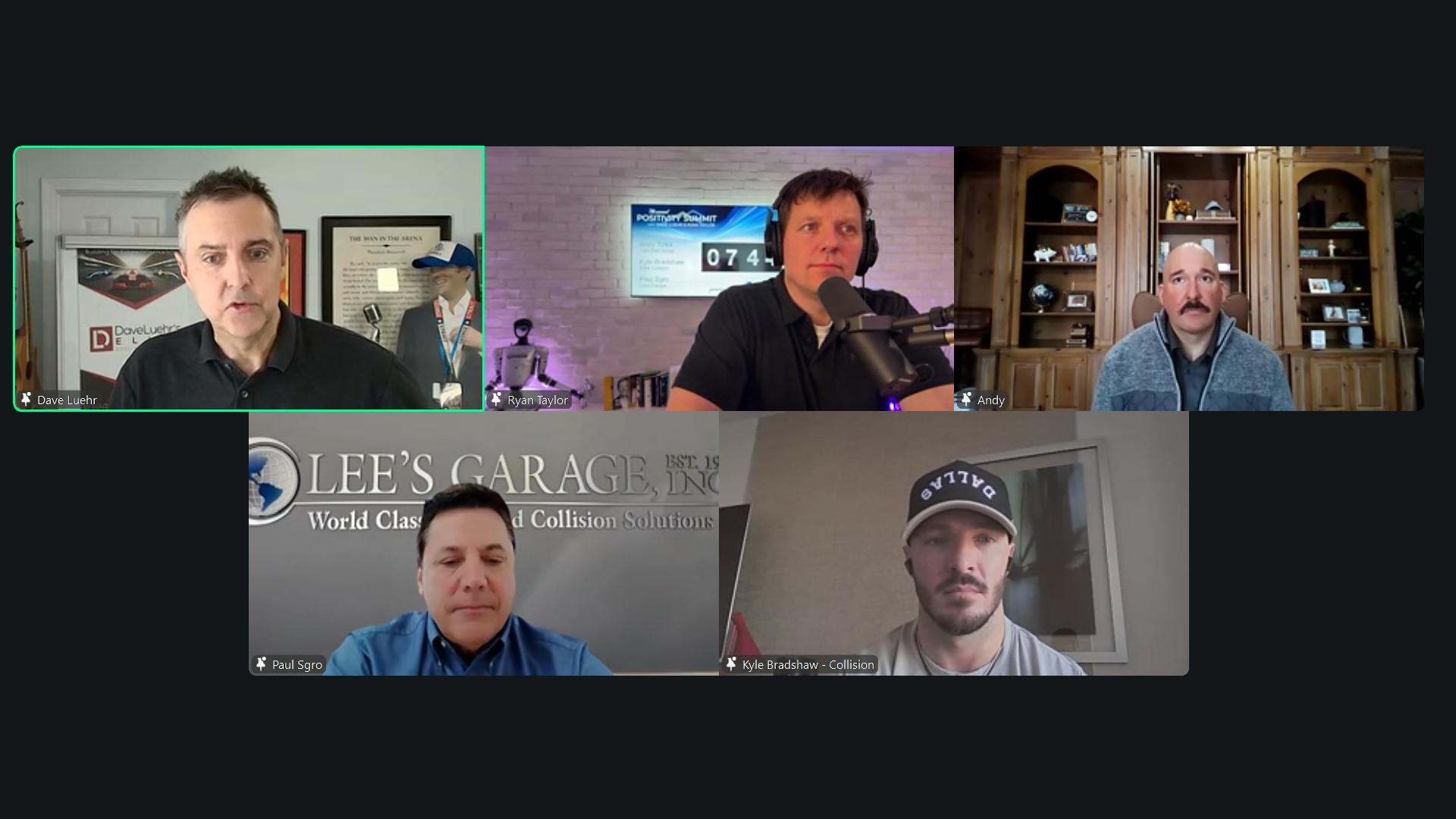FINANCIAL STRATEGISTS: From top left, Dave Luehr, Ryan Taylor, Andy Tylka, Paul Sgro, and Kyle Bradshaw discuss how shops can help customers pay for repairs during the 7th Annual Positivity Summit on February 6.