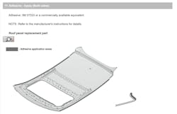 (Figure 3) Honda calls for a structural/impact-resistant adhesive for the laser-brazed roof skin replacement on this Civic. (Figure 3) Honda calls for a structural/impact-resistant adhesive for the laser-brazed roof skin replacement on this Civic.