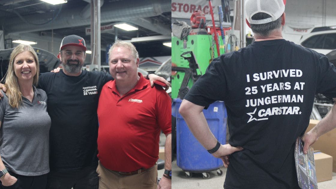 Lead Post Technician Mike Williamson of Jungerman CARSTAR celebrated 25 years at the collision repair center. He's known for his technical expertise and mentoring of other technicians.