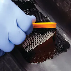 Apply reinforcing material to the wet-bed of adhesive so it will bond well to the plastic. Apply reinforcing material to the wet-bed of adhesive so it will bond well to the plastic.
