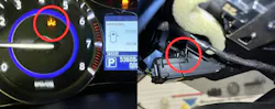 Figure 2: This Infiniti had the windshield replaced, and the only telltale that something was not quite right was the pre-collision indicator on the dash. The calibration failed, and a quick removal of the camera cover revealed that the camera had not been locked into the mounting bracket correctly. Figure 2: This Infiniti had the windshield replaced, and the only telltale that something was not quite right was the pre-collision indicator on the dash. The calibration failed, and a quick removal of the camera cover revealed that the camera had not been locked into the mounting bracket correctly.