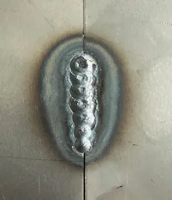 Figure 2: The backside (yes, this is the backside) of this weld made with 0.030' has excessive penetration and a sizable heat-affected zone. Figure 2: The backside (yes, this is the backside) of this weld made with 0.030' has excessive penetration and a sizable heat-affected zone.