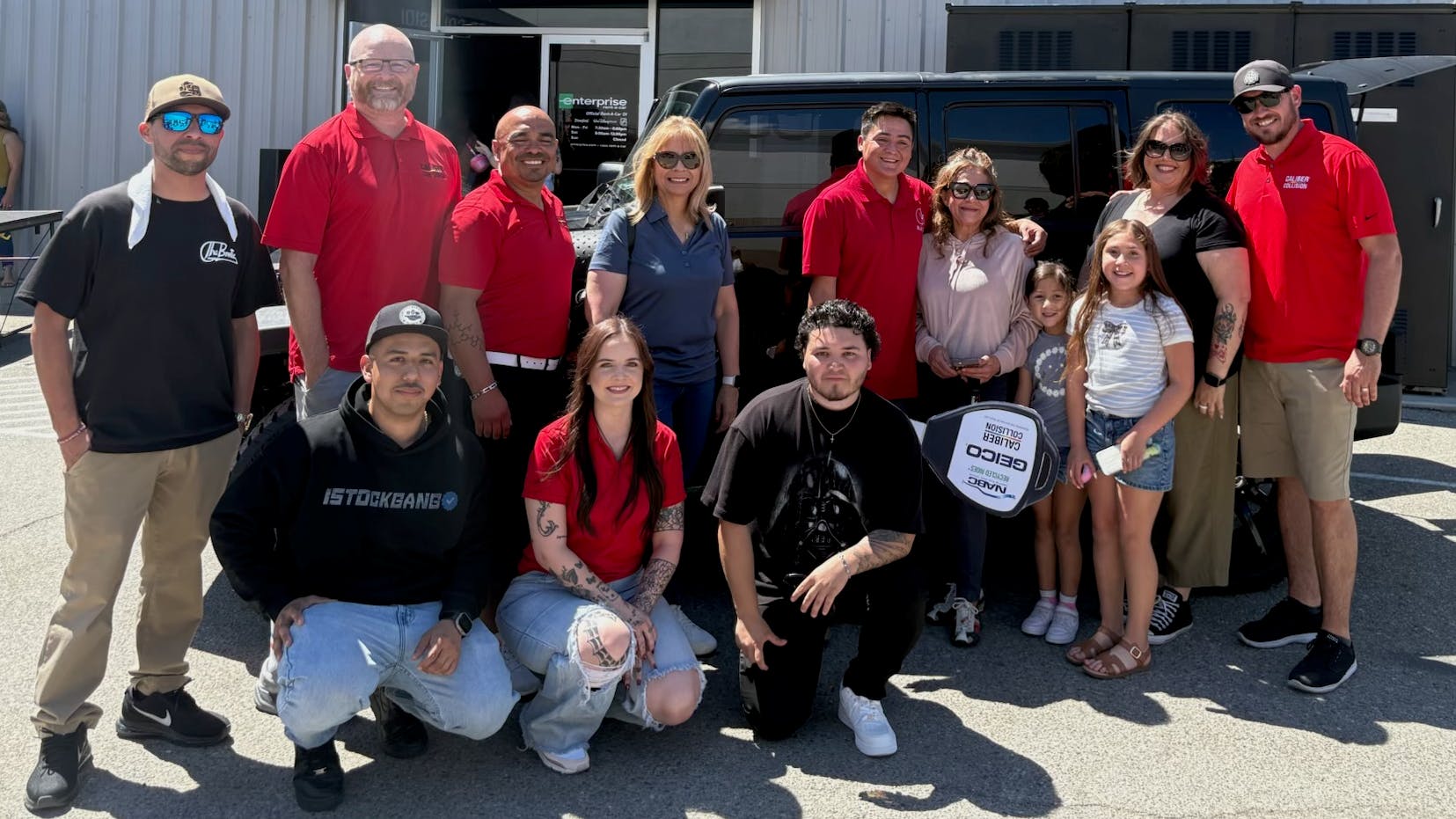 U.S. Marine Corps Veteran Jeff Magdaleno receives a refurbished 2018 Jeep Wrangler courtesy of the National Auto Body Council Recycled Rides Program. The ceremony took place on April 11 at Caliber Collision in Bakersfield, California.