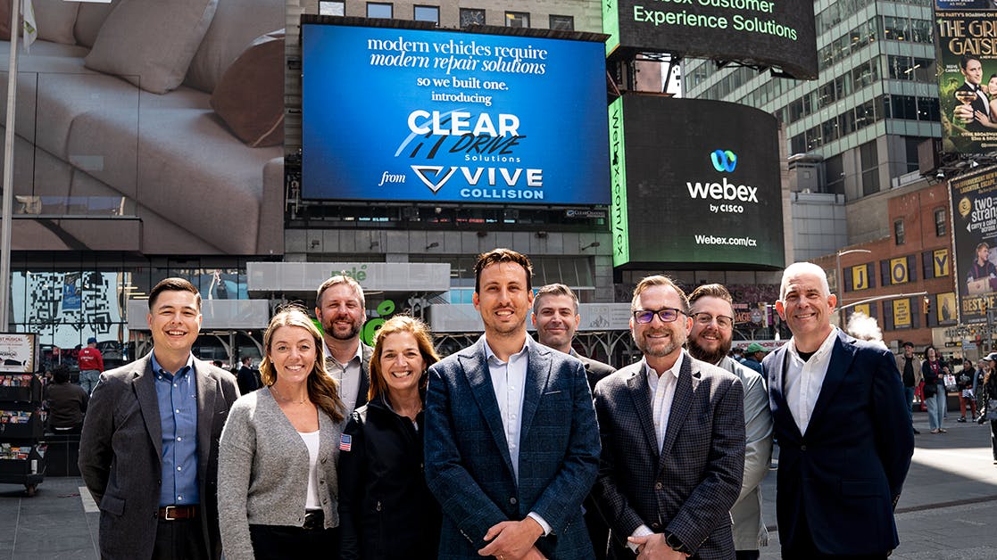 VIVE Collision and ClearDrive Solutions leadership in Times Square, recognizing the continued expansion of CDS as a strategic investment in safer, more consistent, and more integrated ADAS support for today's increasingly complex collision repair process.