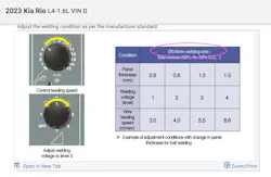Figure 2: Kia lists 0.6 mm electrode wire for steel up to 1.5 mm thick. Figure 2: Kia lists 0.6 mm electrode wire for steel up to 1.5 mm thick.