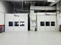 PAINT TIME: The shop has two Garmat 3000 drive-through paint booths with Accele-Cure four-fan systems with one paint booth and the prep station designed one foot taller to better accommodate larger fleet vehicles