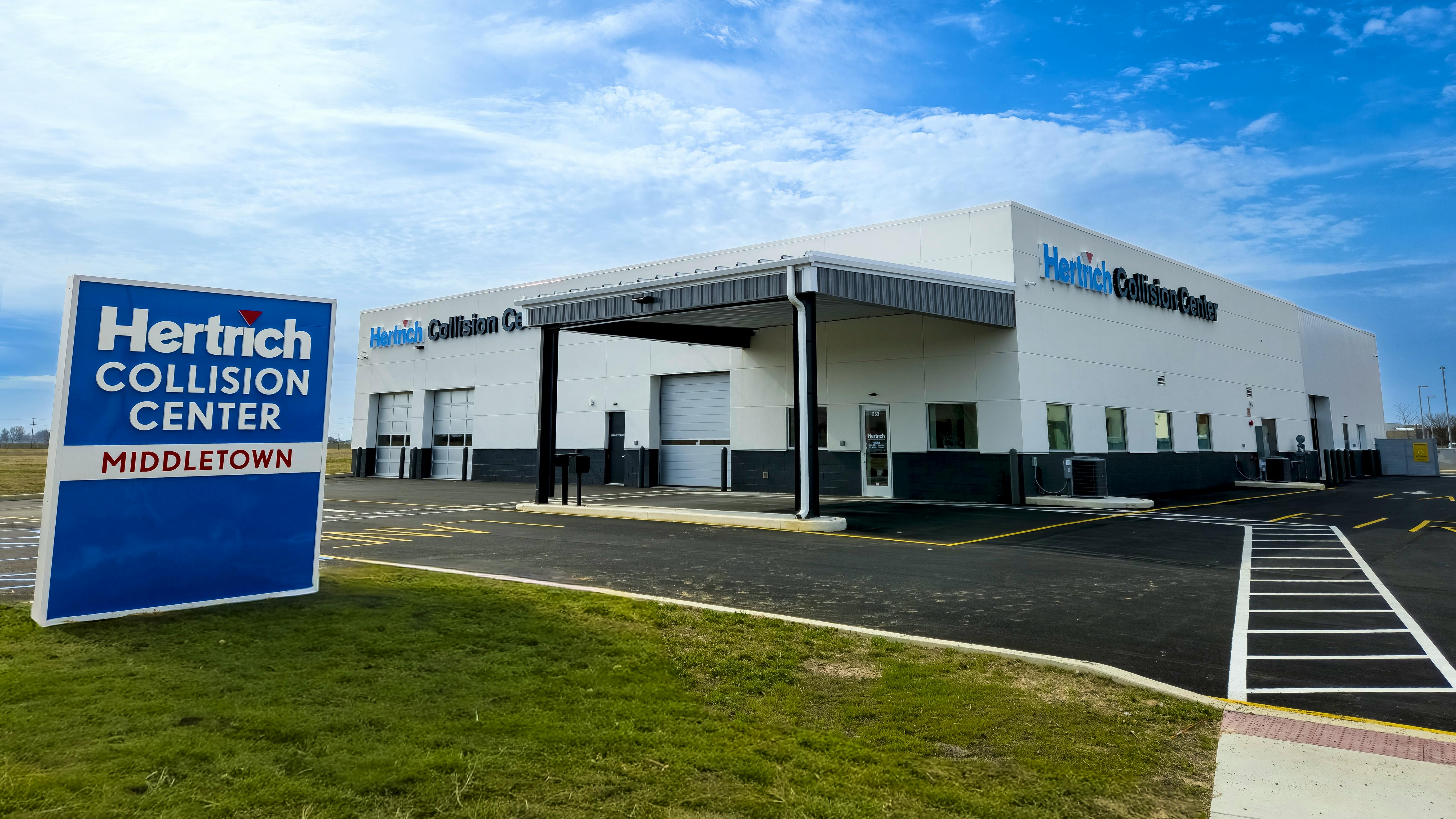 WELCOME TO HERTRICH: The 15,120 sq. ft. facility features a simple, efficient circular design for vehicle flow throughout the repair process.