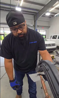 Juan Carlos Gasga Perez demonstrates how to use shunting pliers to establish a temporary electrical bridge between two metal panels during squeeze-type resistance spot welding in a recent Instagram video.