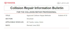 Figure 2: Toyota CRIB 176 warns against sectioning anywhere other than the prescribed cut location. Figure 2: Toyota CRIB 176 warns against sectioning anywhere other than the prescribed cut location.