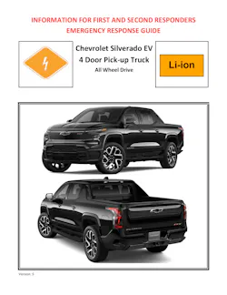 This is the coversheet for the Silverado EV from General Motors. There are two document forms you can come across: the ERGs which have expanded information and rescue sheets that are going to be an abbreviated document based on the ERG. If both are available, scan through both documents for any relevant information to the vehicle that you are handling in front of you. ERGs and rescue sheets can be found on NHTSA’s website: https://www.nhtsa.gov/emergency-response-guides