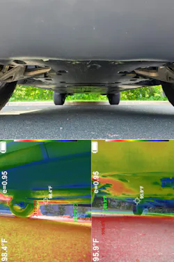 The top photo is to help orient the images from the thermal imaging camera. You will notice that there is a lot of red, and this may appear to highlight areas of concern, but with this camera the spectrum of colors automatically adapts to the lowest and highest read temperatures. This doesn’t automatically mean that there are temperatures present that indicate excessive heat. Some cameras like this will have a spot temp in the center and then will indicate highest and lowest read temperatures. It is imperative as a tech to understand how the tool is used and what the tool is telling you.