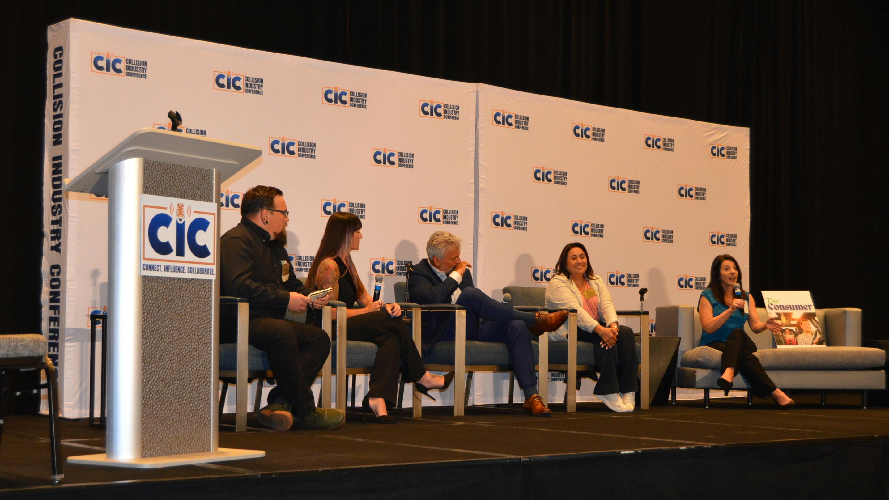 Bridging the Gap At the recent Collision Industry Conference (CIC), the usual empty chair representing the consumer in the repair was replaced with a customer on stage. Roxanne Raffaelli (right), praised the thorough and transparent communication with the shop, Body Builders Automotive, Inc., whose owner, Maria Quintero (second from right) was joined by Gold Coast Auto Body's Andrew Plischke and Moderators Danny Gredinberg (left), and Erin Killcoyne-Solis.